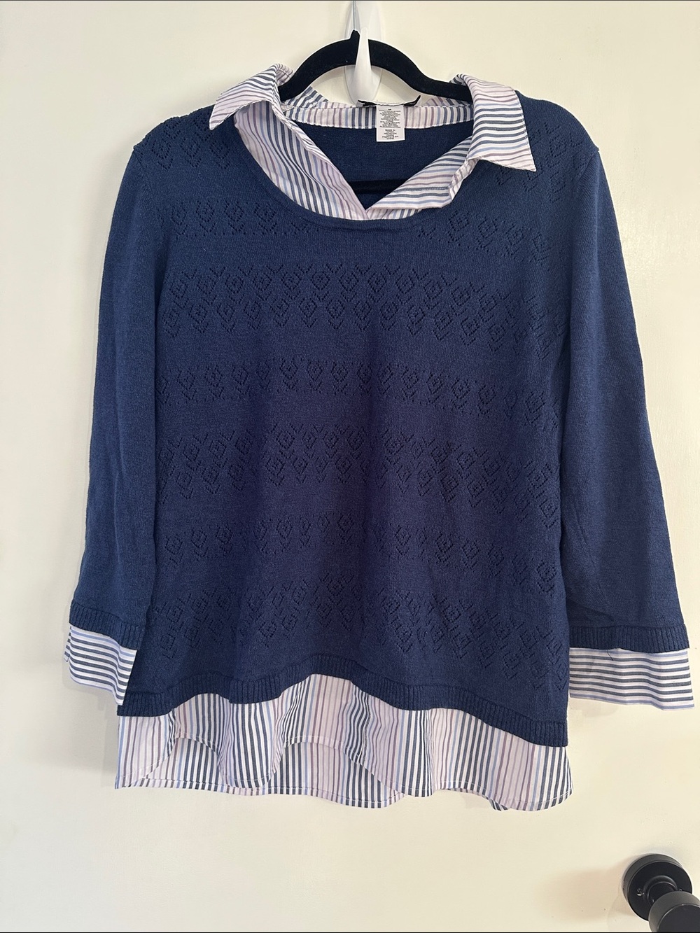Alfred Dunner Navy Layered-Look Sweater with Striped Shirt Collar Size Medium